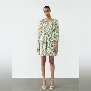 NWT ZARA WOMENS Floral Ecru Green EMBROIDERED EYELET SHIRT DRESS Small S‎